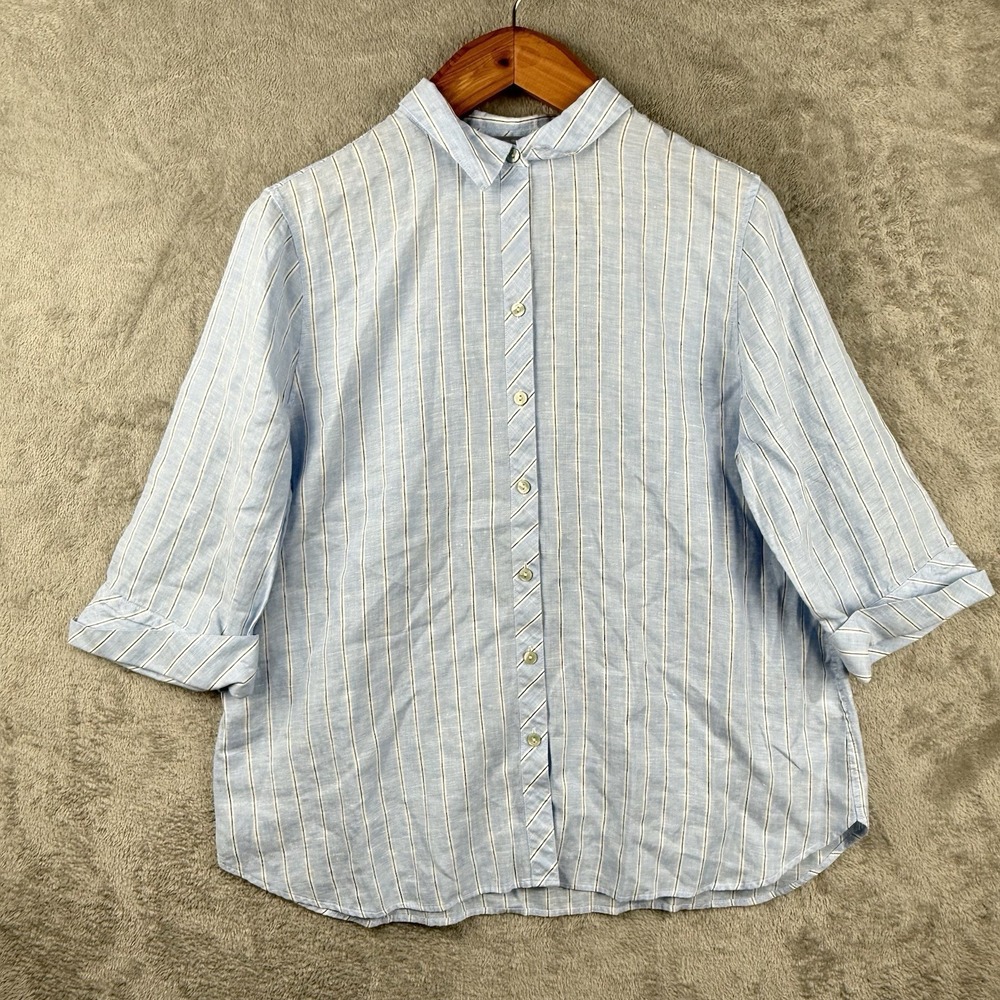 Chico's No Iron‎ 100% Linen Shirt Womens 16 Blue White Stripe Staple Beachy NWOT